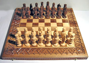 Hutsul chess: combination of nut and maple wood, joinery, turning and carving.